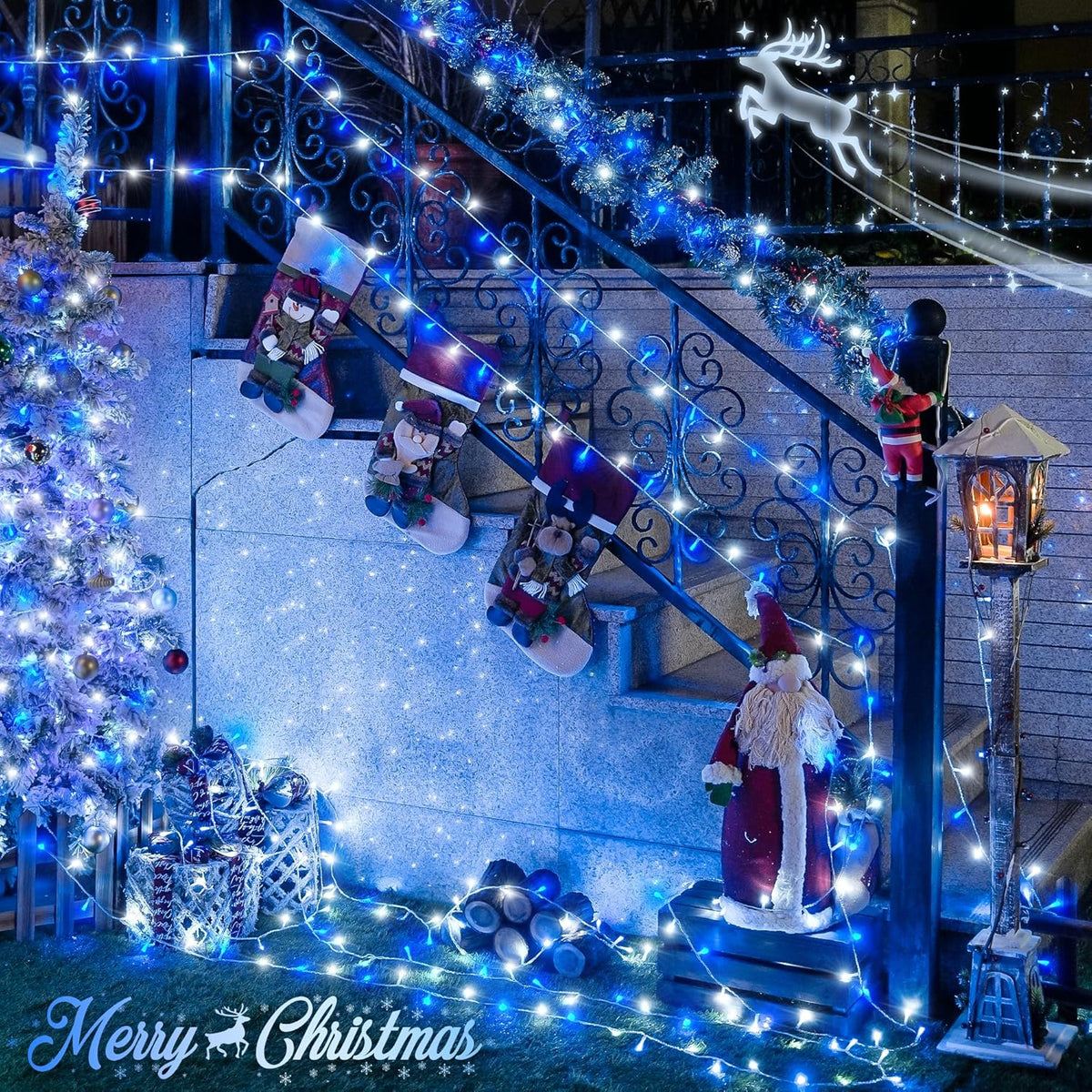 JMEXSUSS 500 LED Blue and White Christmas Lights, 8 Modes 163ft String Lights Plug in with Remote
