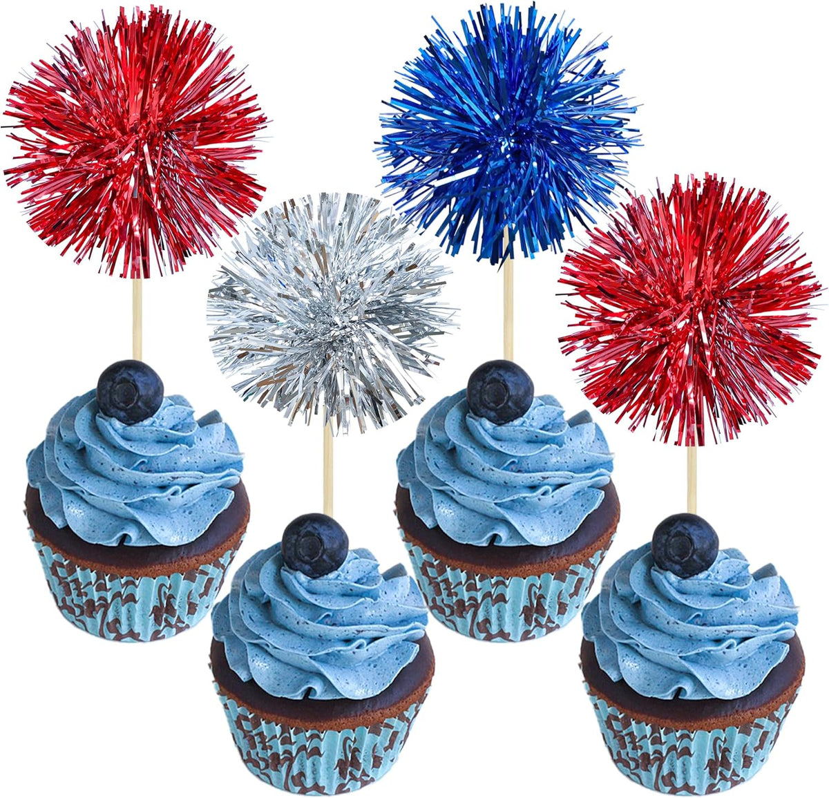 Gyufise 30Pcs Foil Firework Cupcake Toppers Sparkle Tinsel Cake Toppers Tinsel Drink Cake