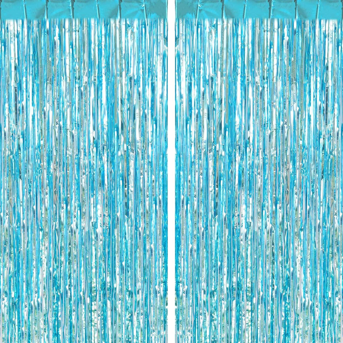 2 Pack Light Blue Fringe Curtains Foil Shiny Fringe Backdrop Tinsel Door Streamers Foil Curtains