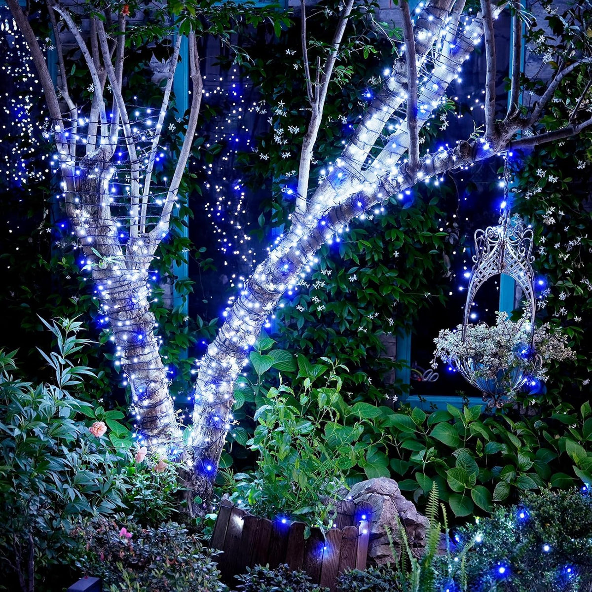 JMEXSUSS 2 Pack Blue & White Solar String Lights, Each 100 LED 33ft, Waterproof, 8 Modes for