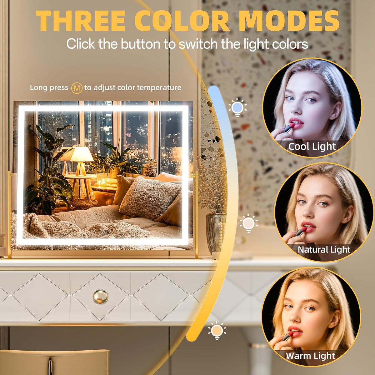 Vanity Mirror with Lights, 26'' x 22'' Lighted Makeup Mirror, Touch Screen with 3-Color Lighting