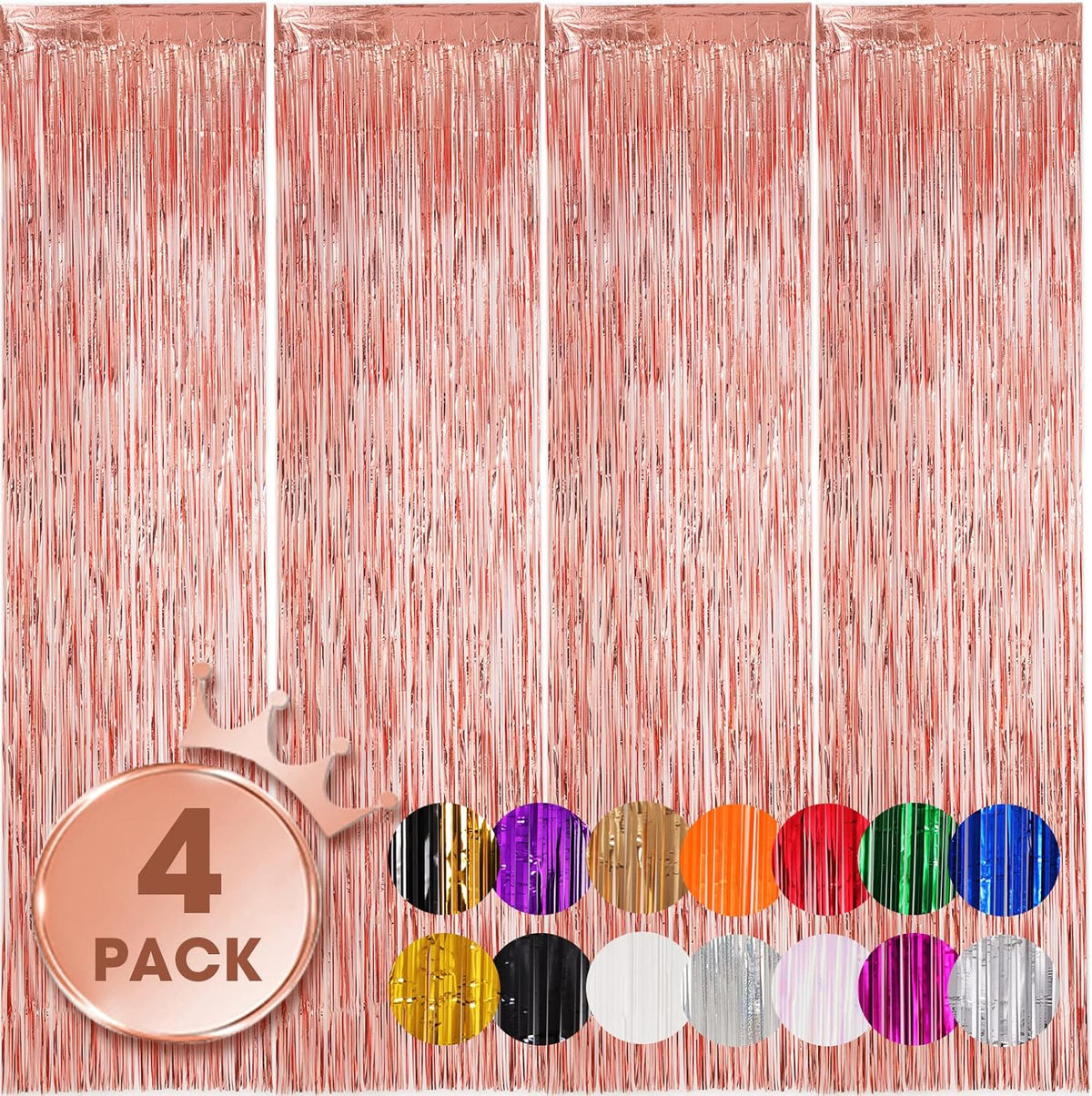 4 Pack Rose Gold Foil Fringe Backdrop Curtains, Tinsel Streamers Birthday Party Decorations, Fringe