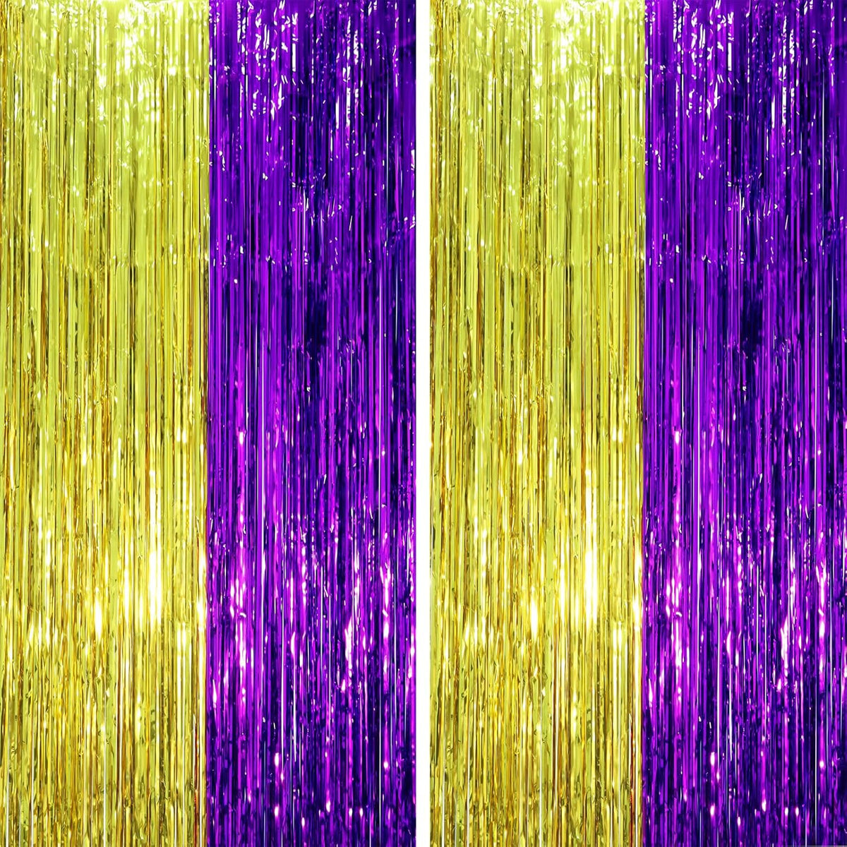 2 Pack Purple and Gold Foil Fringe Backdrop Curtains, Tinsel Streamers Party Decorations, Fringe