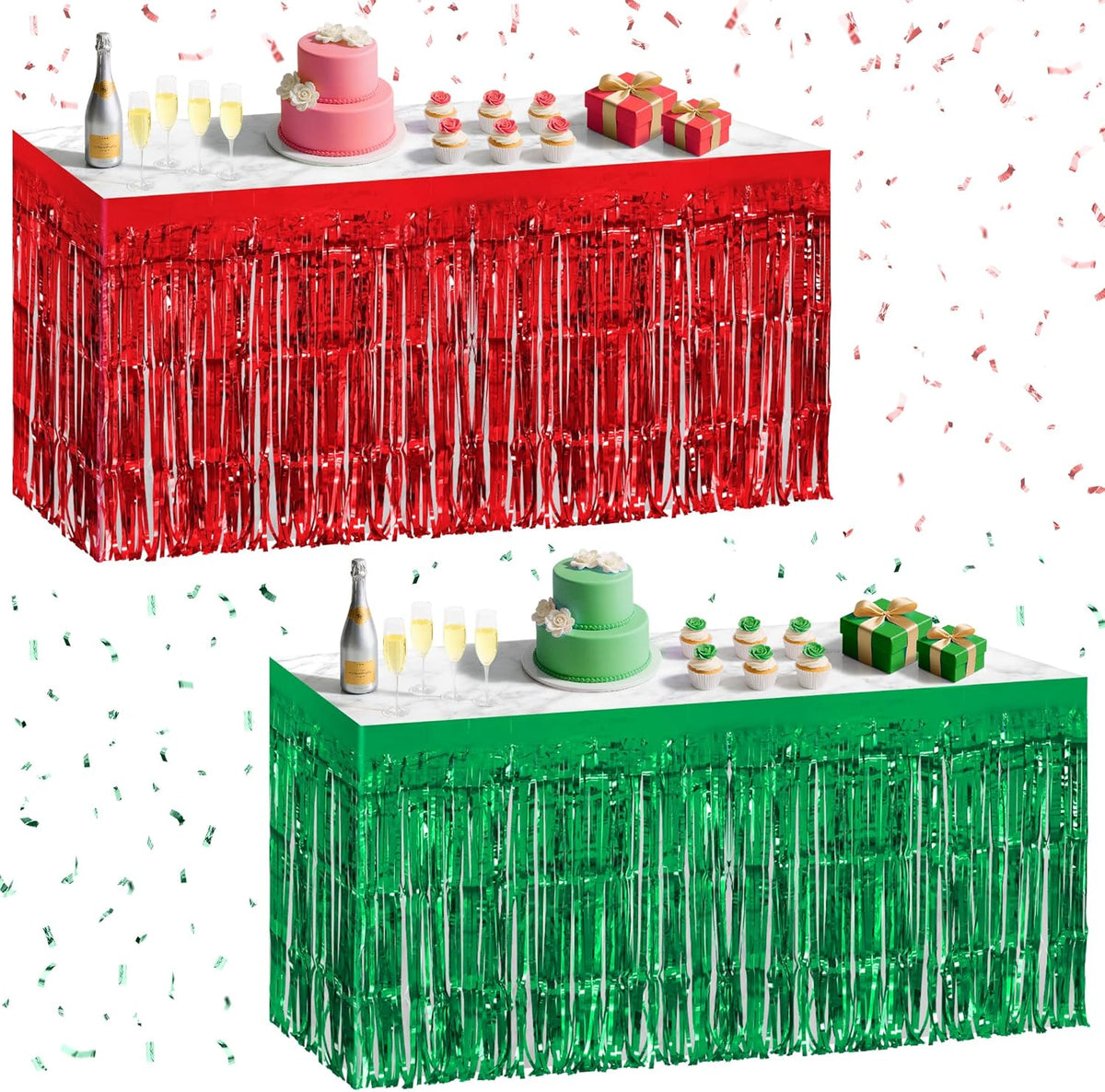 2 Pack Red Green Table Skirts, 29x108" Metallic Foil Tinsel Fringe Table Skirt for Rectangle Tables