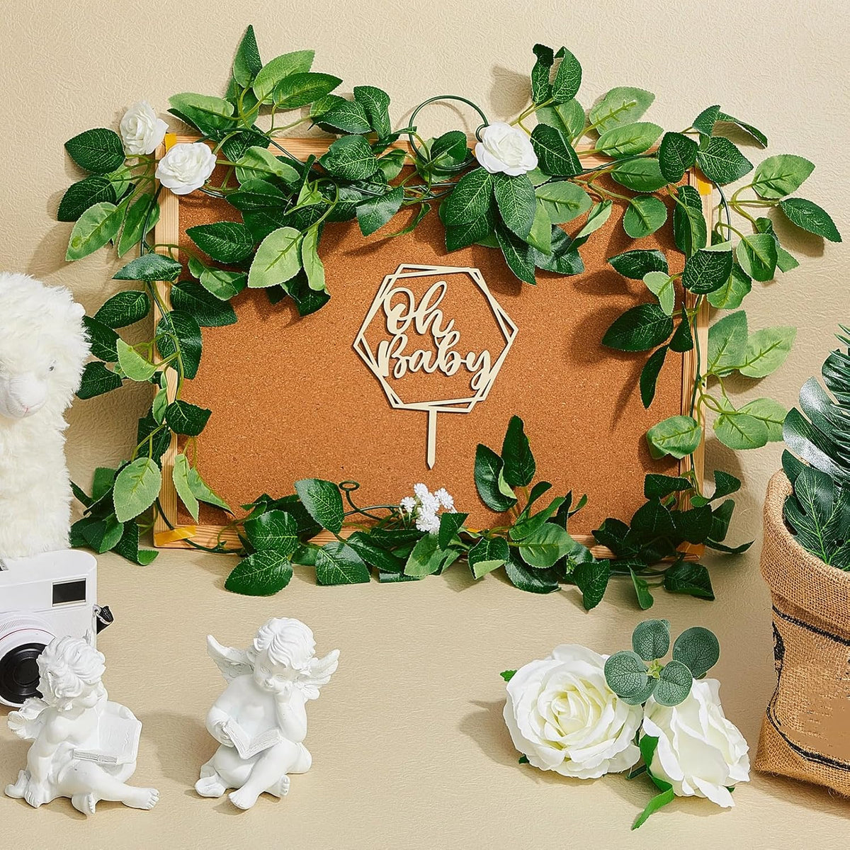 34-piece Wood Cake Topper Set - Boho Cake Decorations with Artificial Eucalyptus Leaves for Gender