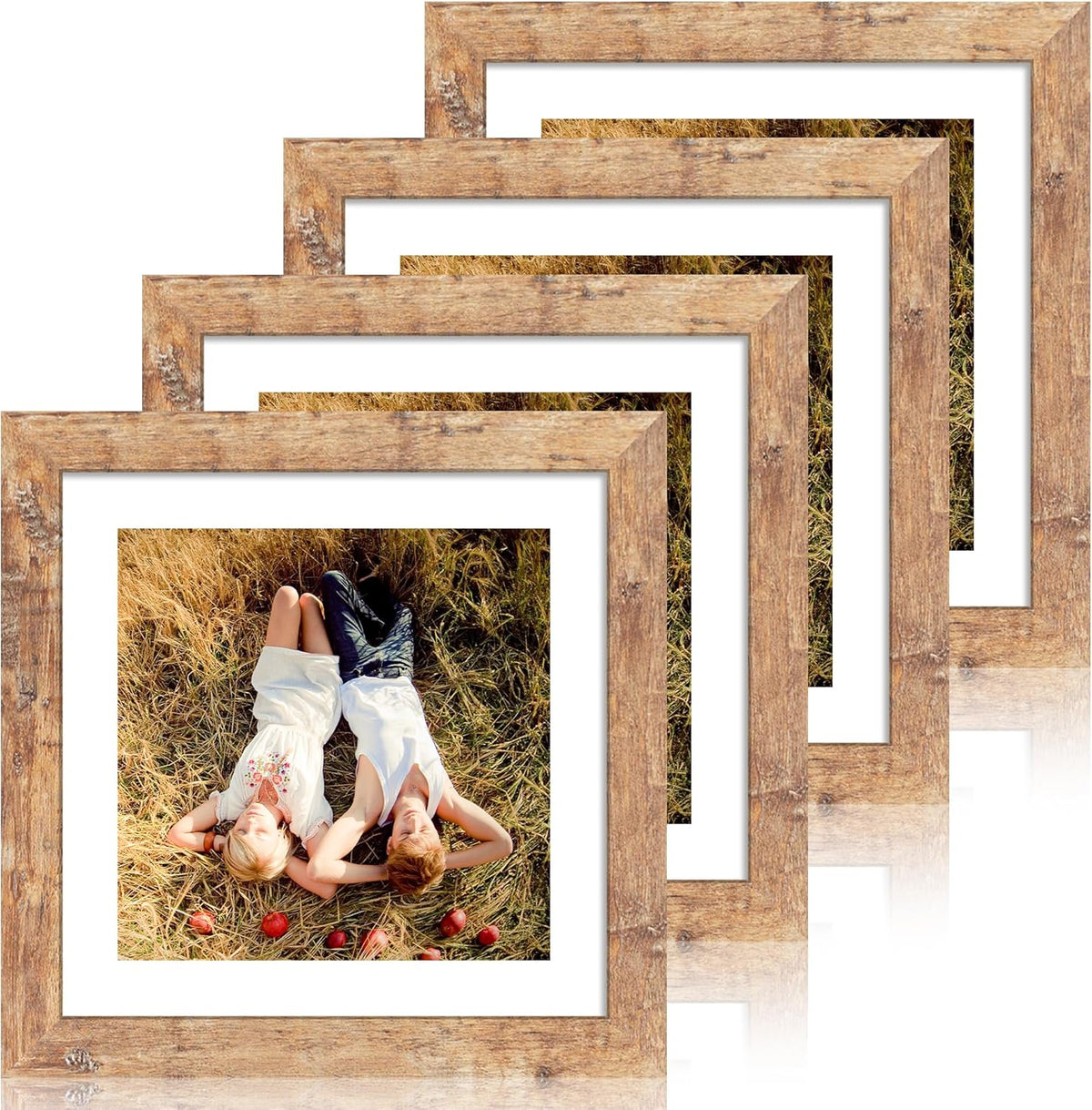 10x10 Picture Frame Set of 4 with Real Glass, Rustic Brown Frames Display 8x8 Picture with Mat or