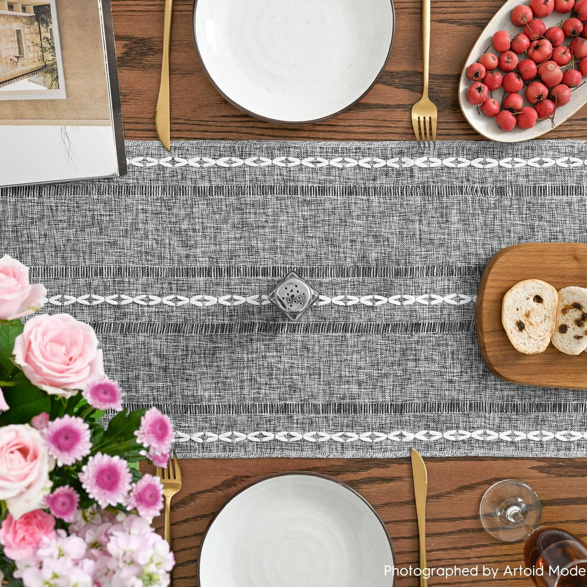 Artoid Mode Dark Grey Rustic Cotton Linen Table Runner, Seasonal Embroidered Hollow Kitchen Dining