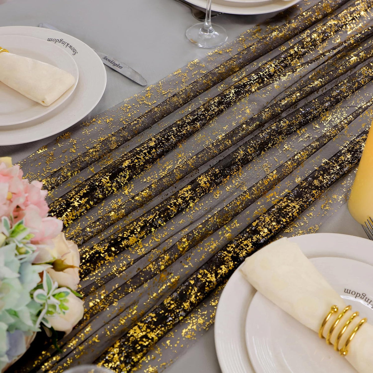 Snowkingdom Black and Gold Cheesecloth Table Runner 10 FT, Sheer Chiffon Sparkle Gauze Mesh Runners