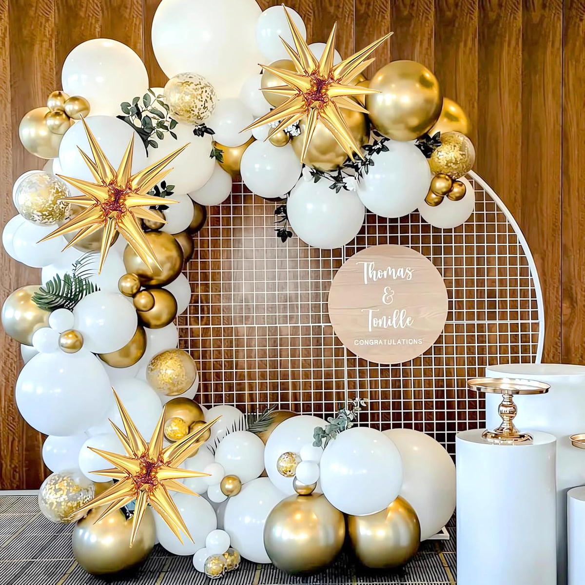 White and Gold Balloons Garland Arch Kit, 130Pcs White Metallic Gold Confetti Balloon with Star