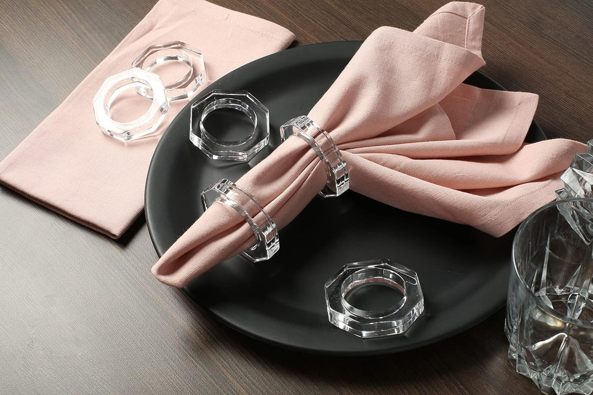 Acrylic Napkin Rings Set of 12 - Octagon Transparent Design for Christmas, Thanksgiving, Holiday