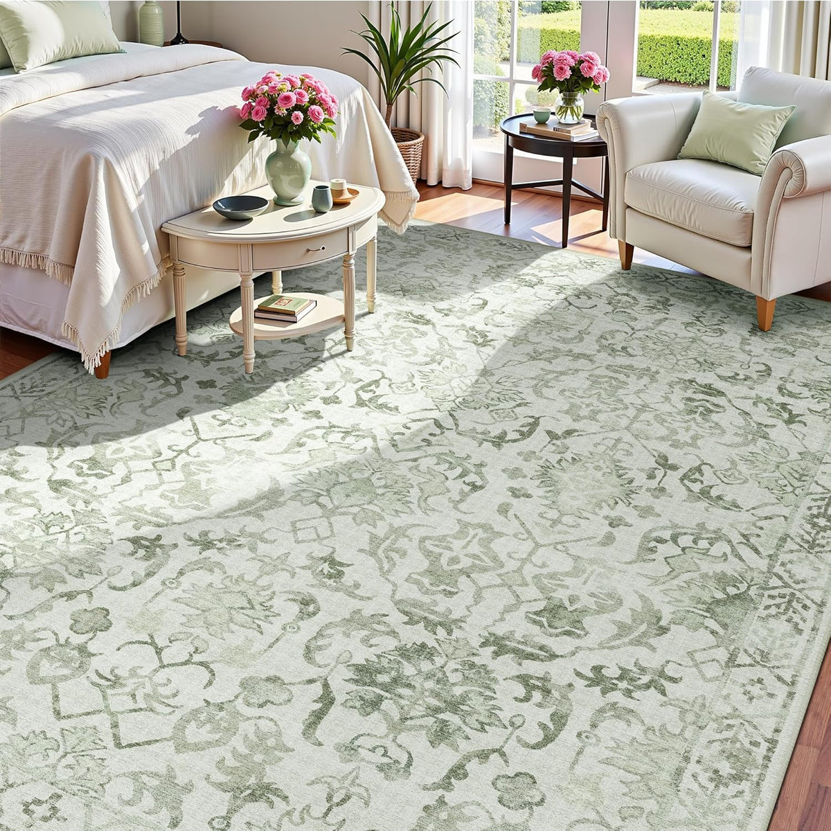 Sage Neutral Large Area Rug 9x12 for Living Room, Washable Rug for Dining Room Bedroom, Anti-Slip