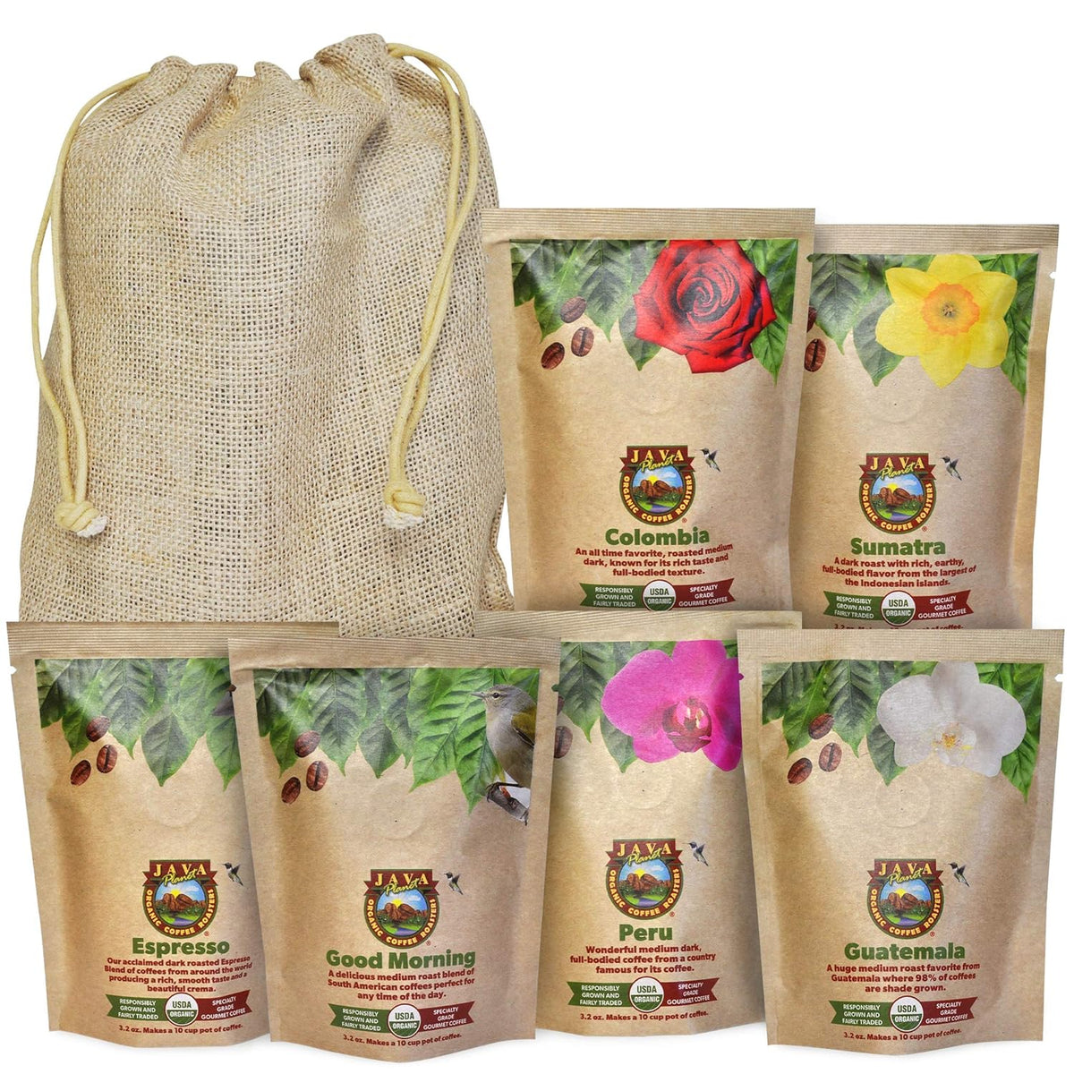 Sampler Variety Pack, Low Acid Organic Coffee Beans in Linen Gift Bag: Whole Bean, Mold-Free &