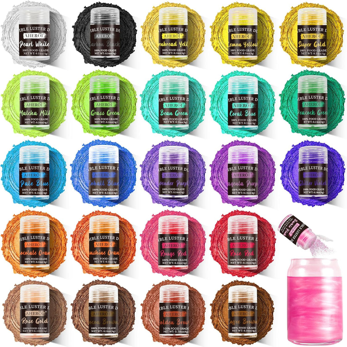 Aheroi Edible Glitter, 24 Colors Luster Dust Edible, Cocktail Glitter Luster Dust Sprinkles Drink