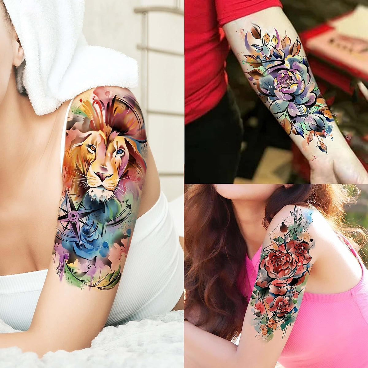 63 Sheets 3D Watercolor Rose Temporary Tattoos For Women Arm Girls Adults, Water Color Peony Flower