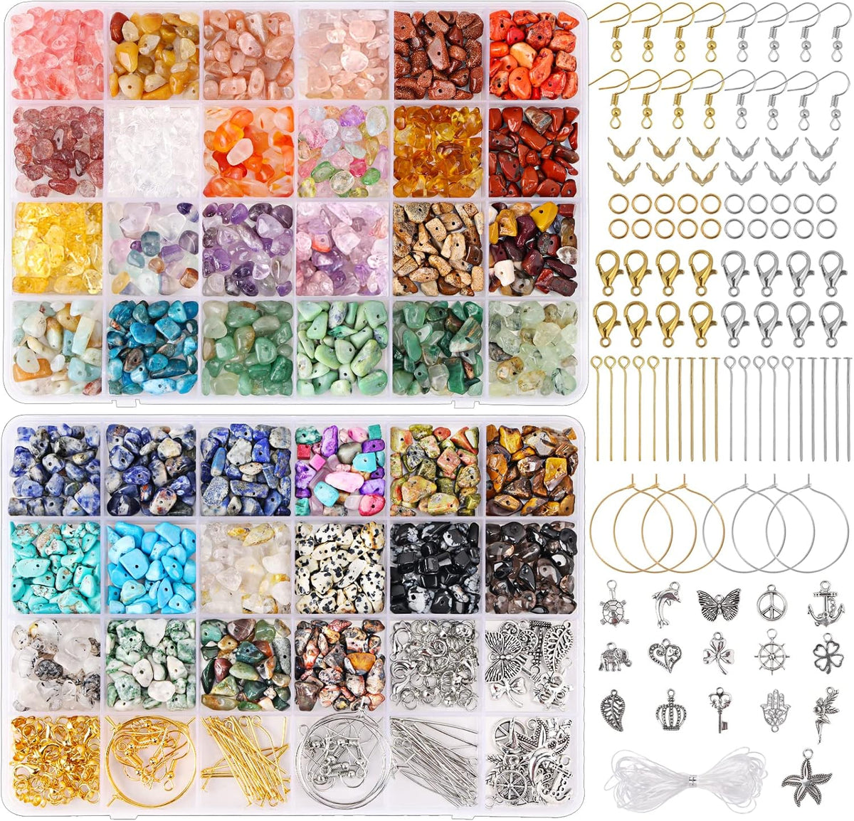 QUEFE 720pcs Crystal Chips Beads Ring Making Kit, 40 Colors Crystal Chips and Gemstone Beads for