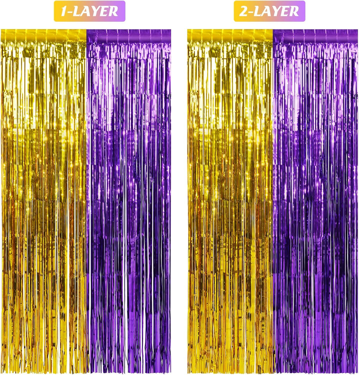 3Pack 3.3Ft x 6.6Ft Graduation Foil Fringe Curtain Backdrop Decorations, Purple Gold Metallic