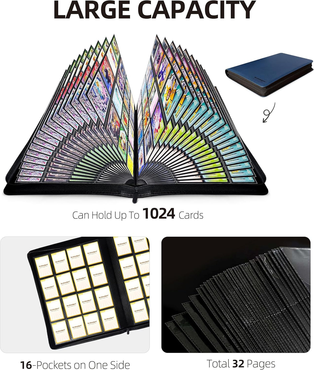 16 Pockets Premium Card Binder 1024 Cards Trading Card Binders Side Load Card Storage Display