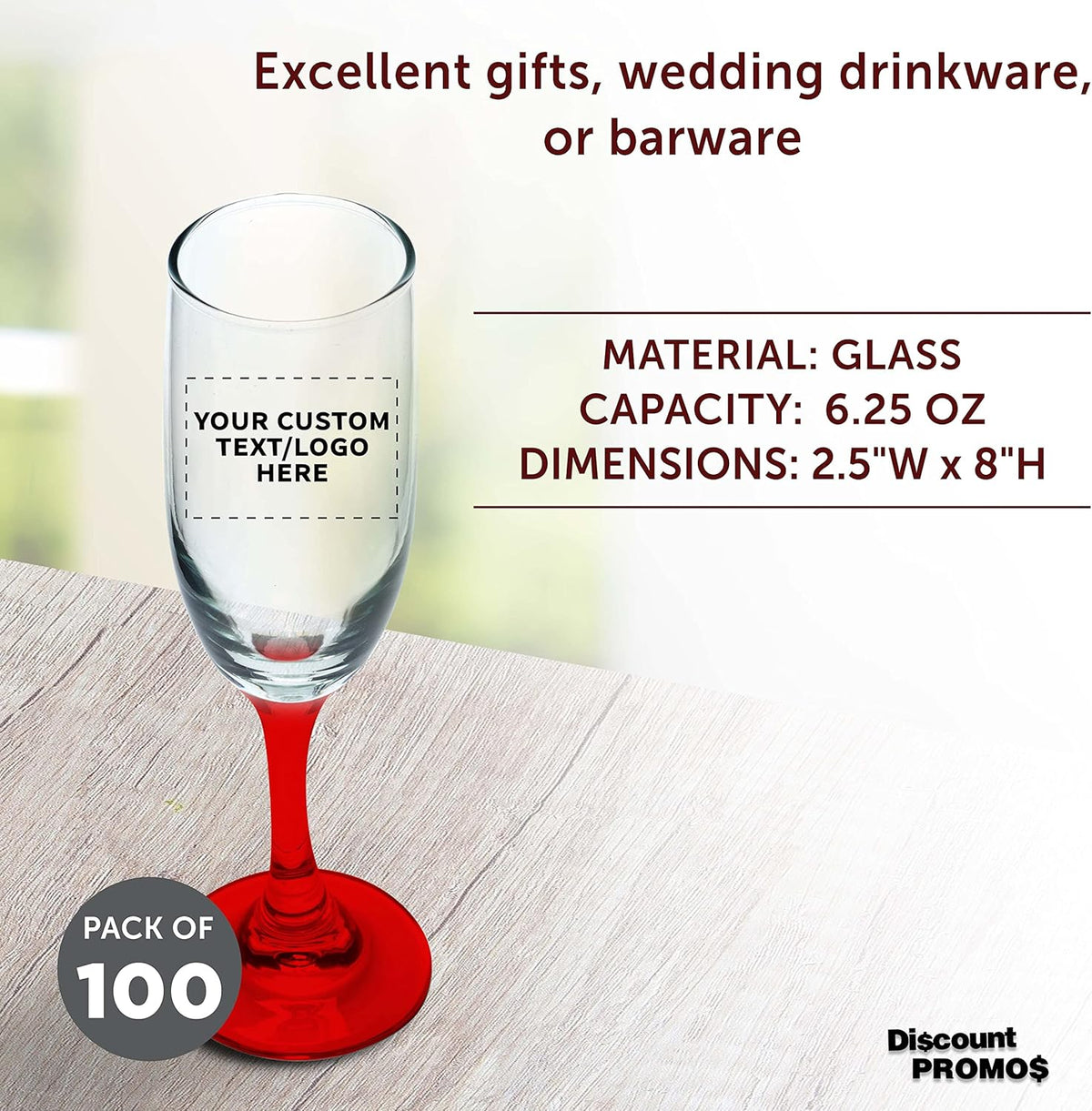 DISCOUNT PROMOS Custom Premiere Champagne Flutes 6.25 oz. Set of 100, Personalized Bulk Pack