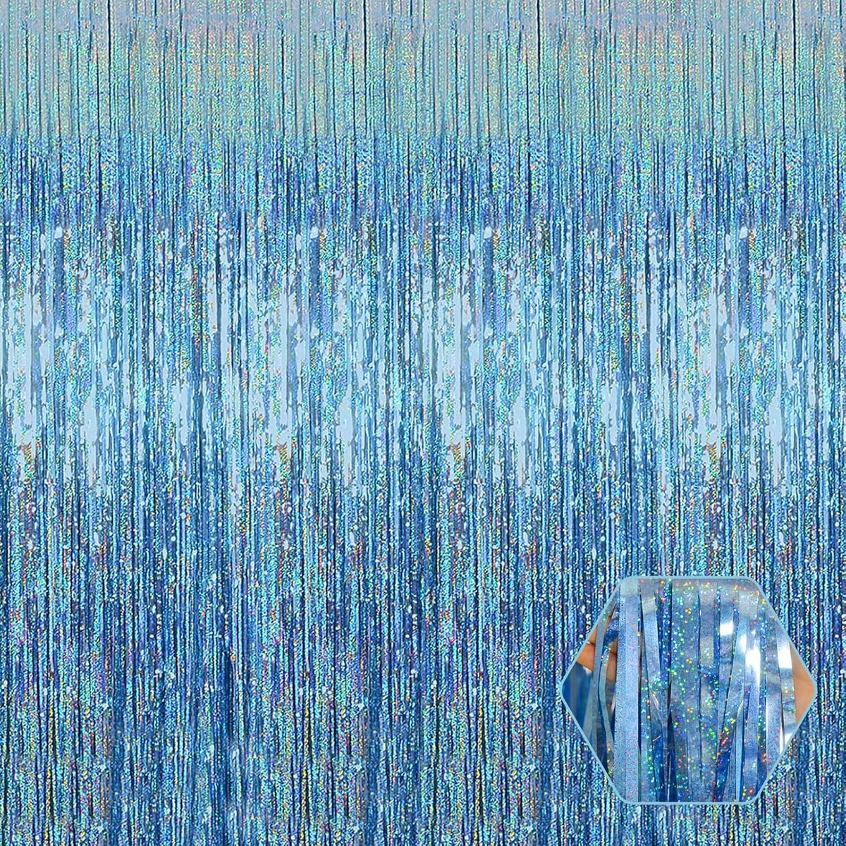 3 Pack Light Blue Foil Fringe Curtain Backdrop, 3.28Ft x 8.2Ft Metallic Tinsel Foil Fringe Streamer
