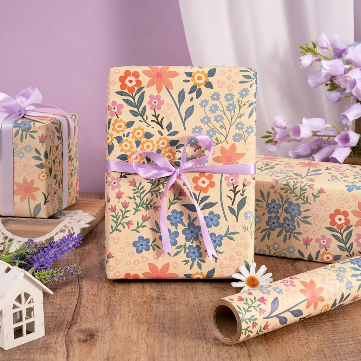 RUSPEPA Kraft Floral Wrapping Paper Roll for Girls Women, Mini Roll, Garden Flower Design