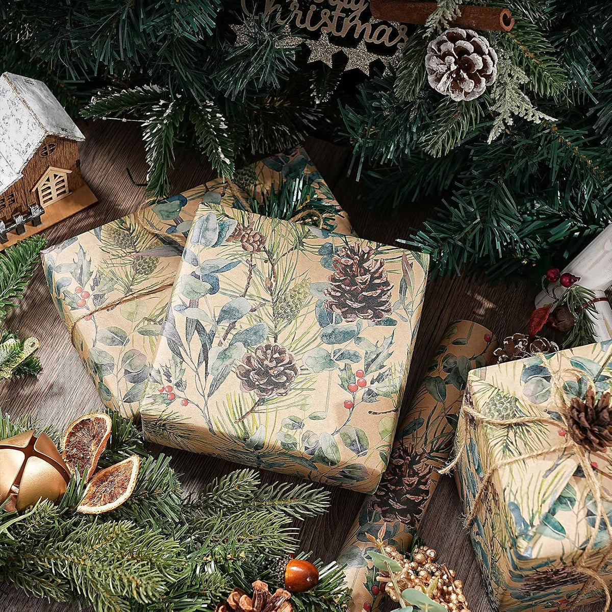RUSPEPA 30" X 100' Kraft Christmas Wrapping Large Paper Roll, Jumbo Roll, Watercolor Pinecone and