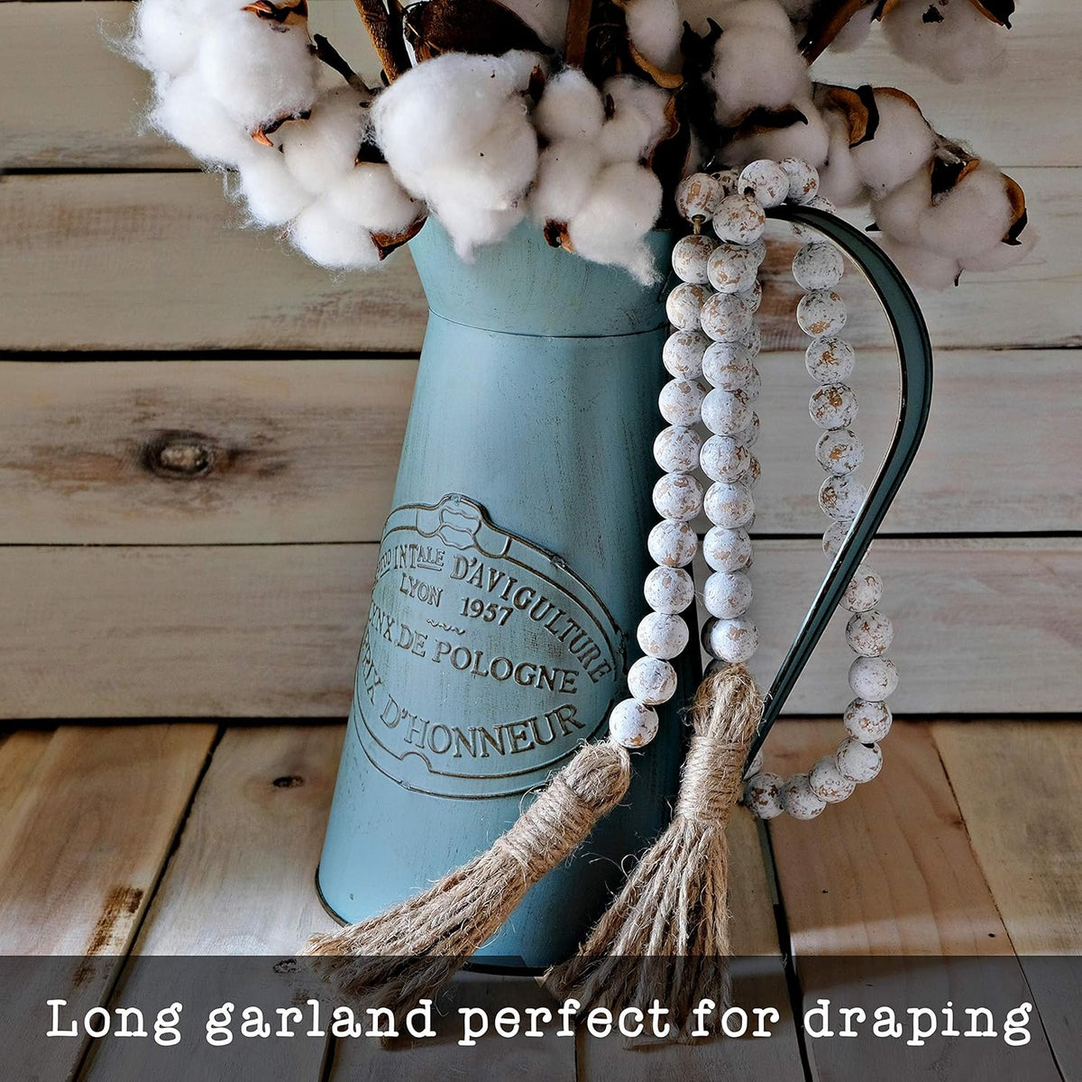 Farmhouse Wood Bead Garland Home Decor, Natural Wooden Garland for Tiered Tray, Decorative Tassel