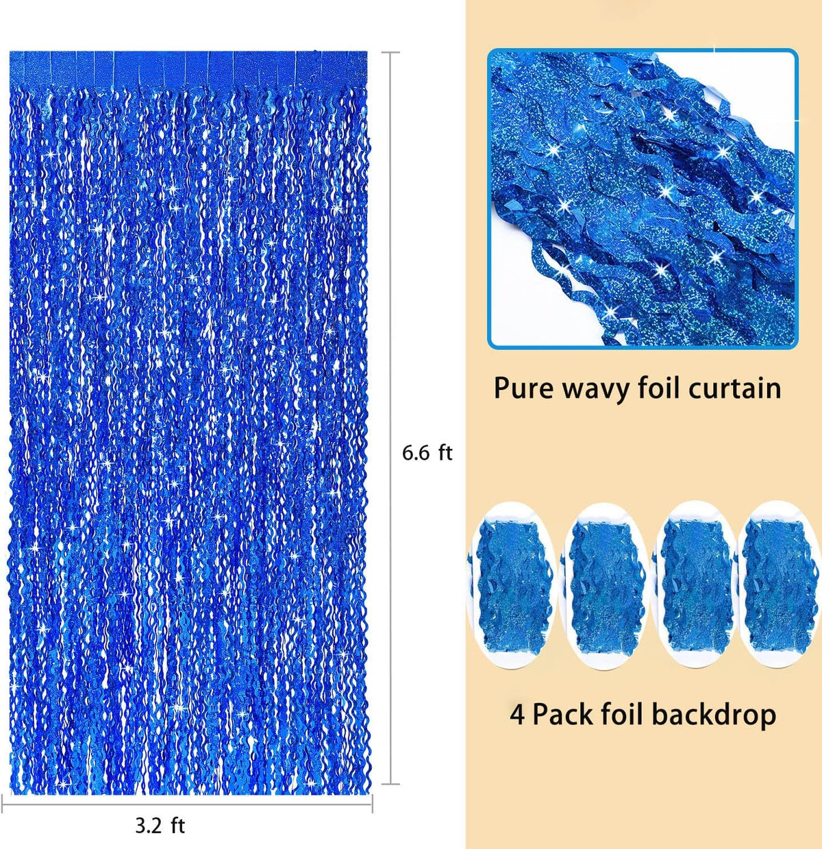 4 Pack Navy Blue Wavy Foil Fringe Curtains Party Decorations - 3.3 ft x 6.6 ft Streamer Tinsel