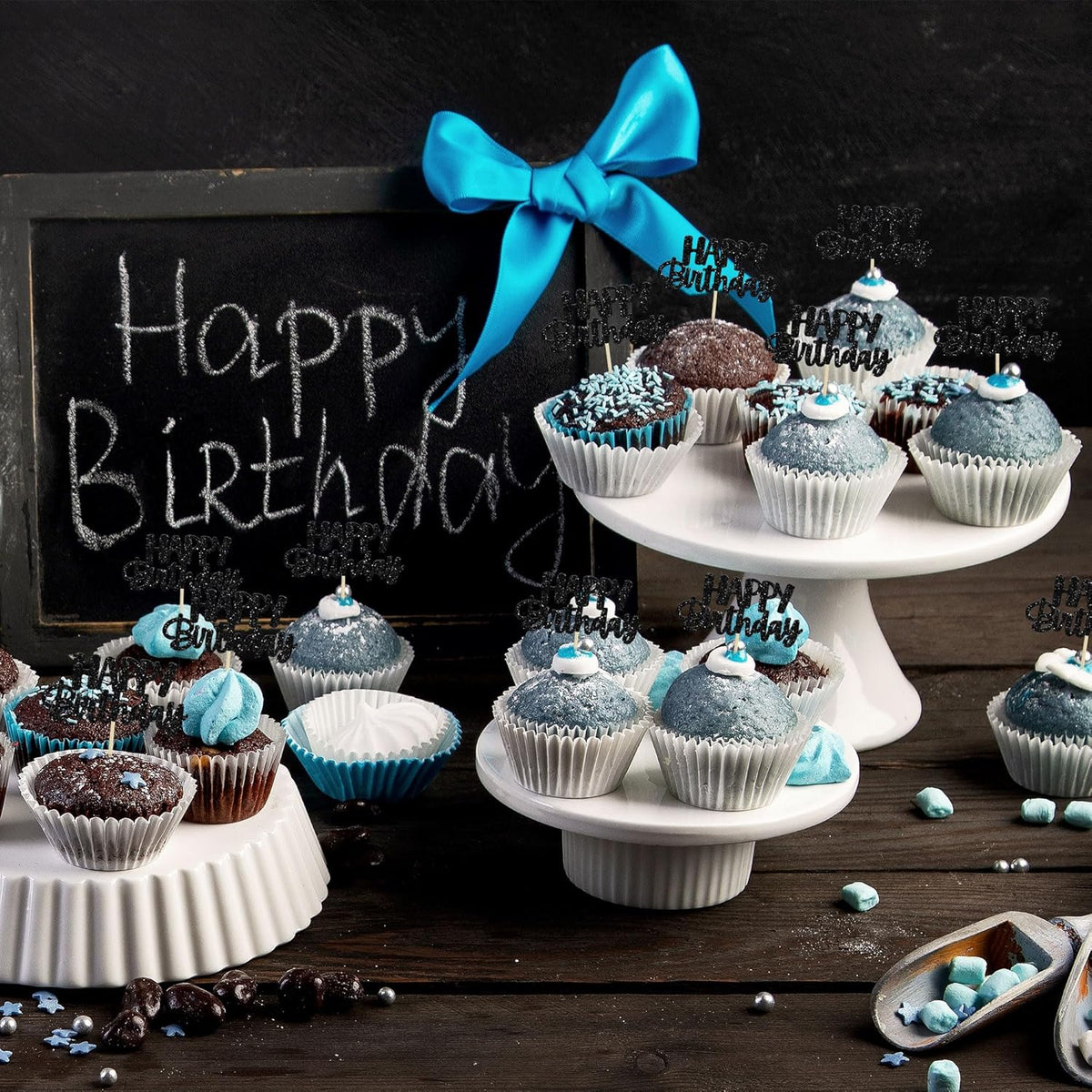 Gyufise Happy Birthday Cupcake Toppers Black Glitter Birthday Cake Topper Picks Dessert Topper