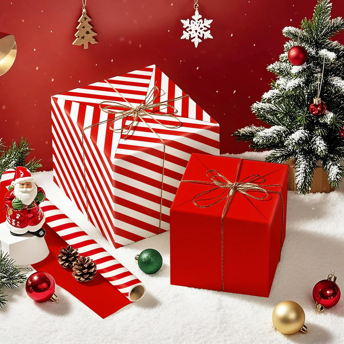 WRAPAHOLIC Reversible Wrapping Paper - Mini Roll - 17 Inch x 33 Feet - Red and Stripes Design for
