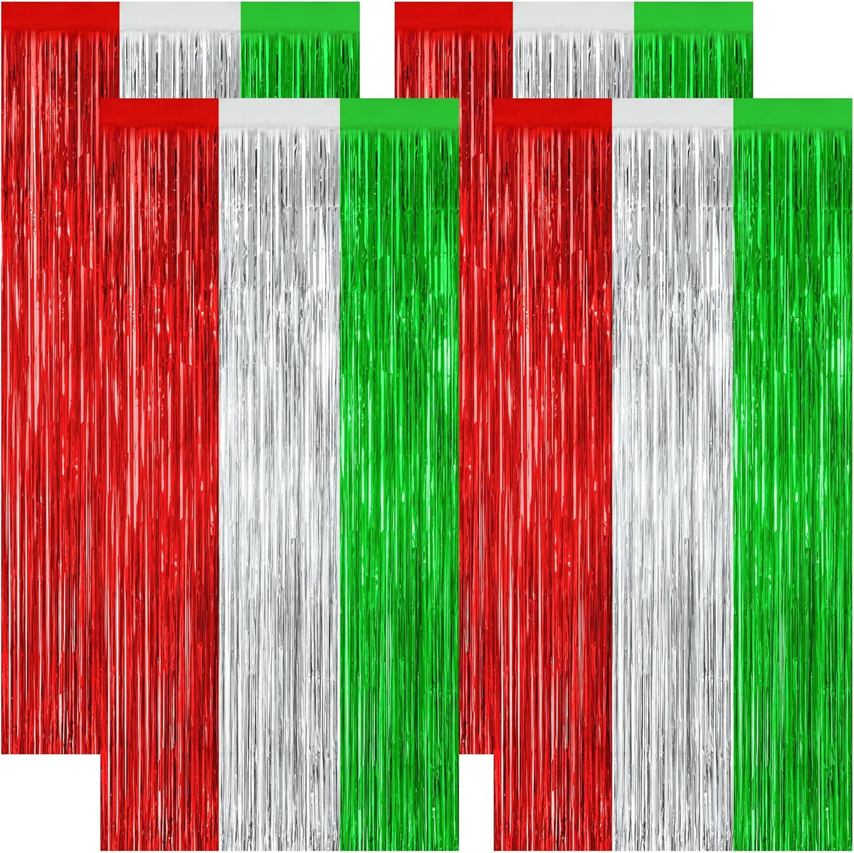 4 Pack Christmas Curtains, 3.28 FT x 7.05 FT Red Silver Green Foil Backdrop, Metallic Foil Fringe
