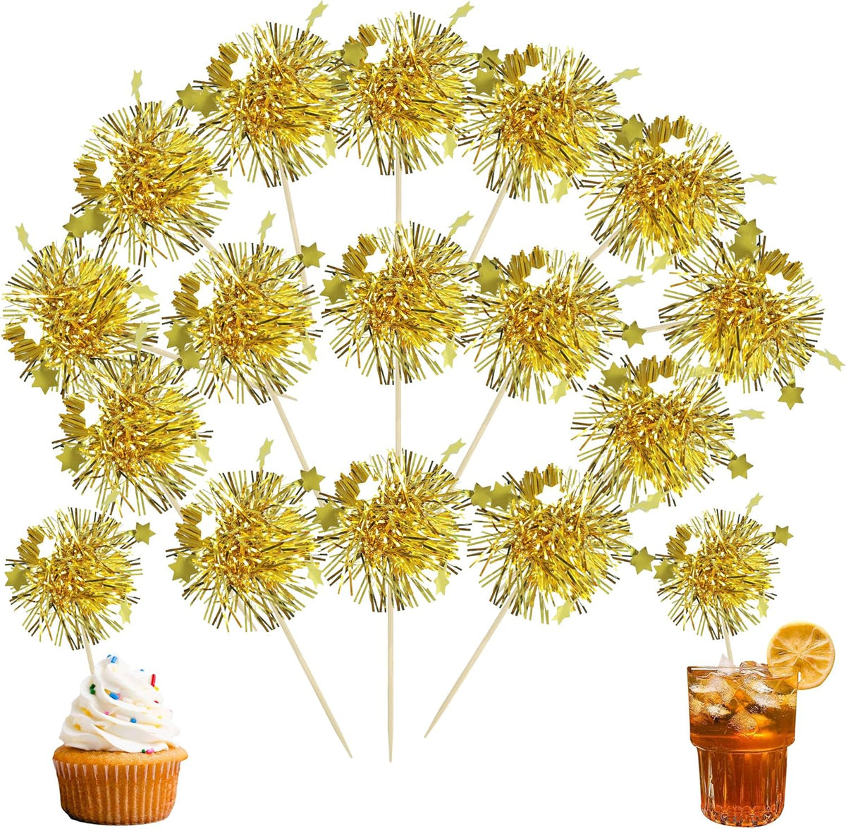 Ephlyn 30Pcs Foil Firework Cupcake Toppers Happy Birthday Cake Toppers Tinsel Flower Drink Stirrers
