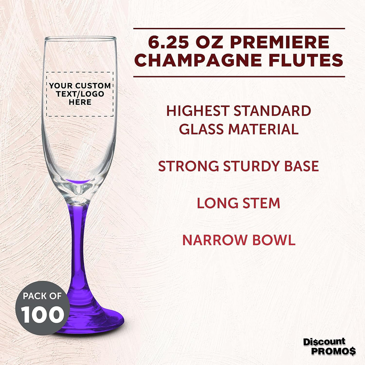 DISCOUNT PROMOS Custom Premiere Champagne Flutes 6.25 oz. Set of 100, Personalized Bulk Pack