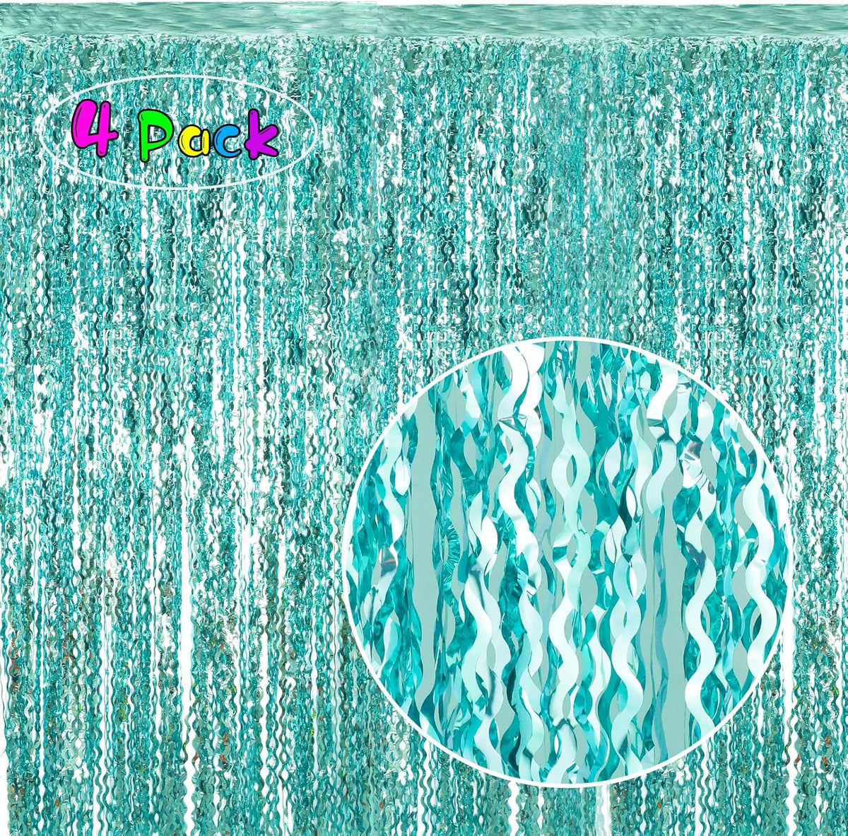 4 Pack 3.3 ft x 6.6 ft Wavy Aqua Teal Blue Tinsel Foil Fringe Curtains Backdrop - Wave Metallic