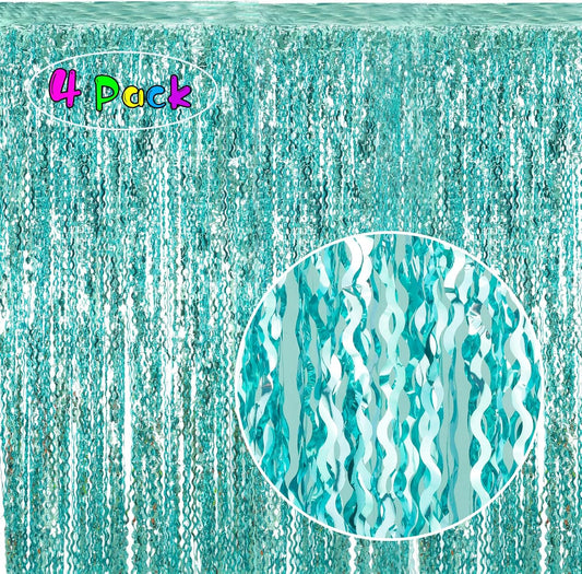 4 Pack 3.3 ft x 6.6 ft Wavy Aqua Teal Blue Tinsel Foil Fringe Curtains Backdrop - Wave Metallic