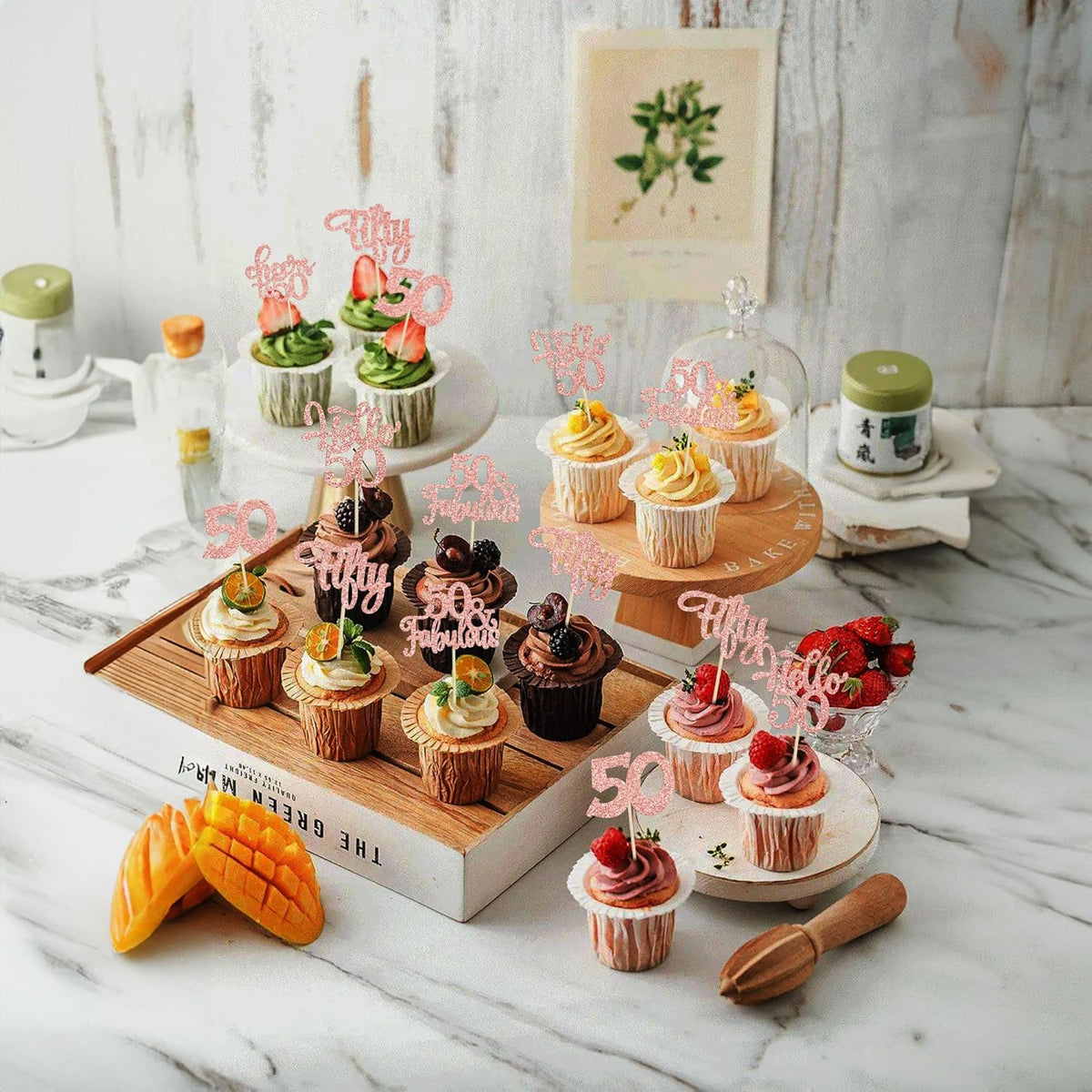 30Pcs Happy 50th Birthday Cupcake Toppers Rose Gold Glitter Fifty Cheers to 50 Years Old Birthday