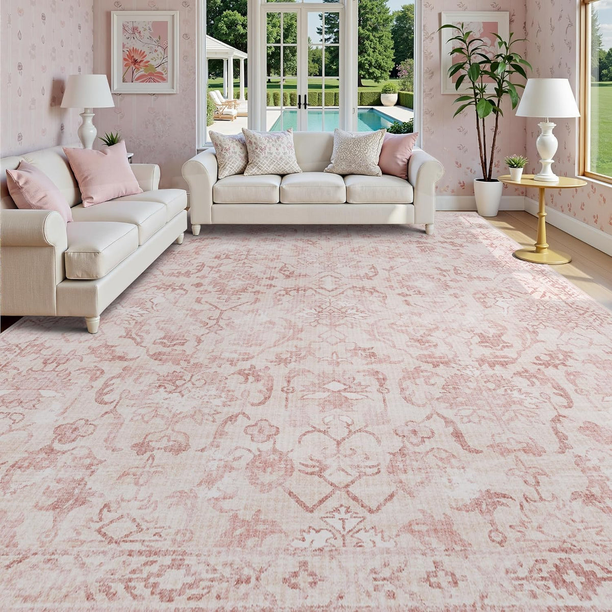 Deerly Pink Area Rugs 10x12 for Living Room Soft Non-Slip, Large Bedroom Rug Vintage Dining Room
