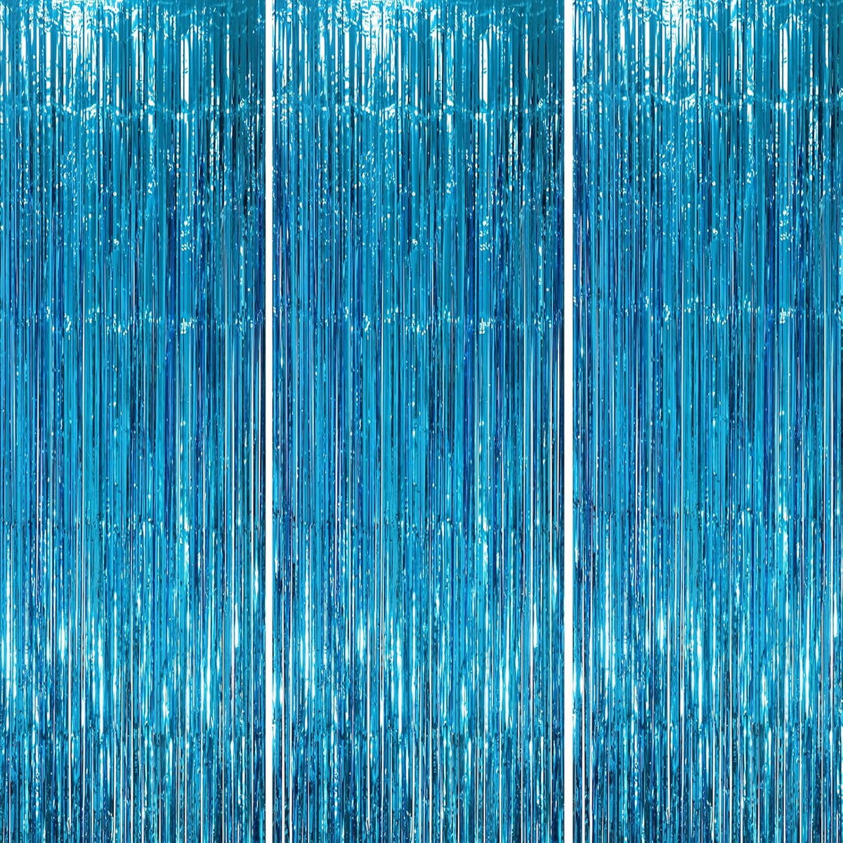 3 Pack 3.3 x 8.2 ft Retro Blue Foil Fringe Backdrop Curtains, Tinsel Streamers Party Decorations