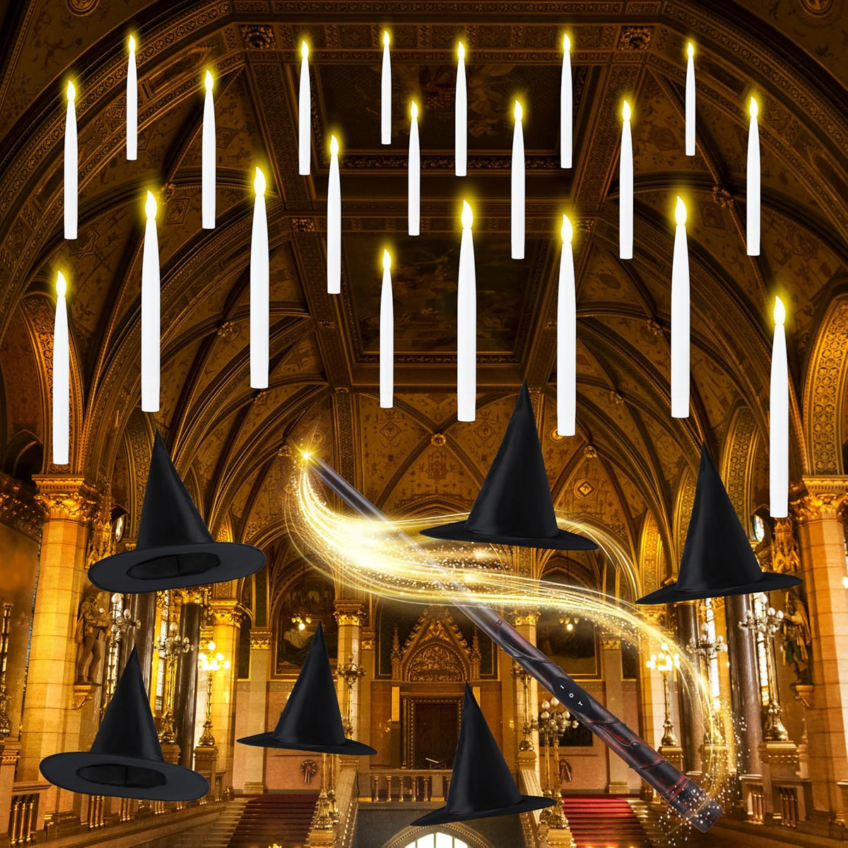 JOYIN 20Pcs Halloween Floating Candles and Witch Hat Light Up with Wand Remote Set Magic Hanging