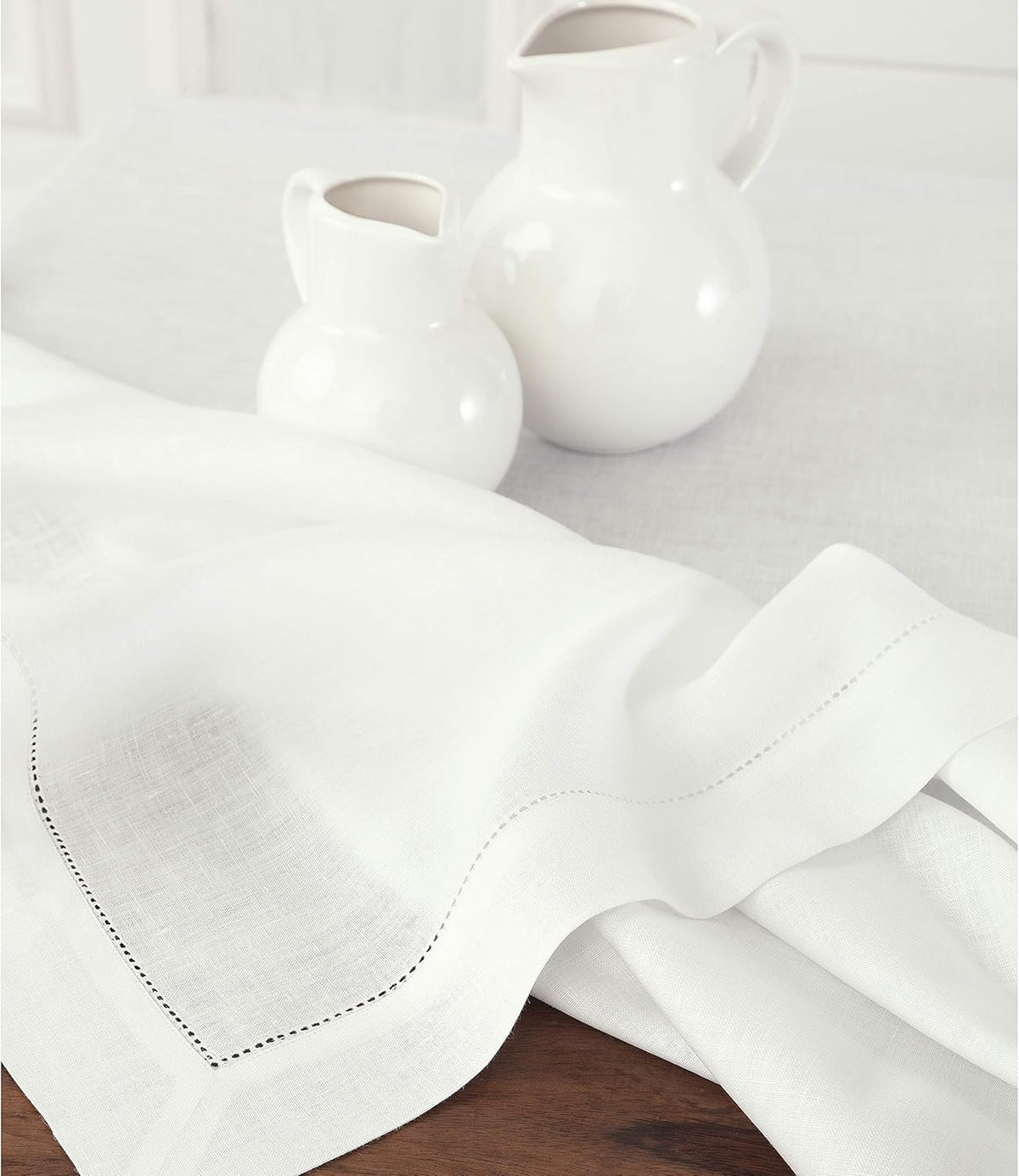 Solino Home Linen Tablecloth 60 x 108 Inch - Classic Hemstitch 100% Pure Linen White Table Cloth
