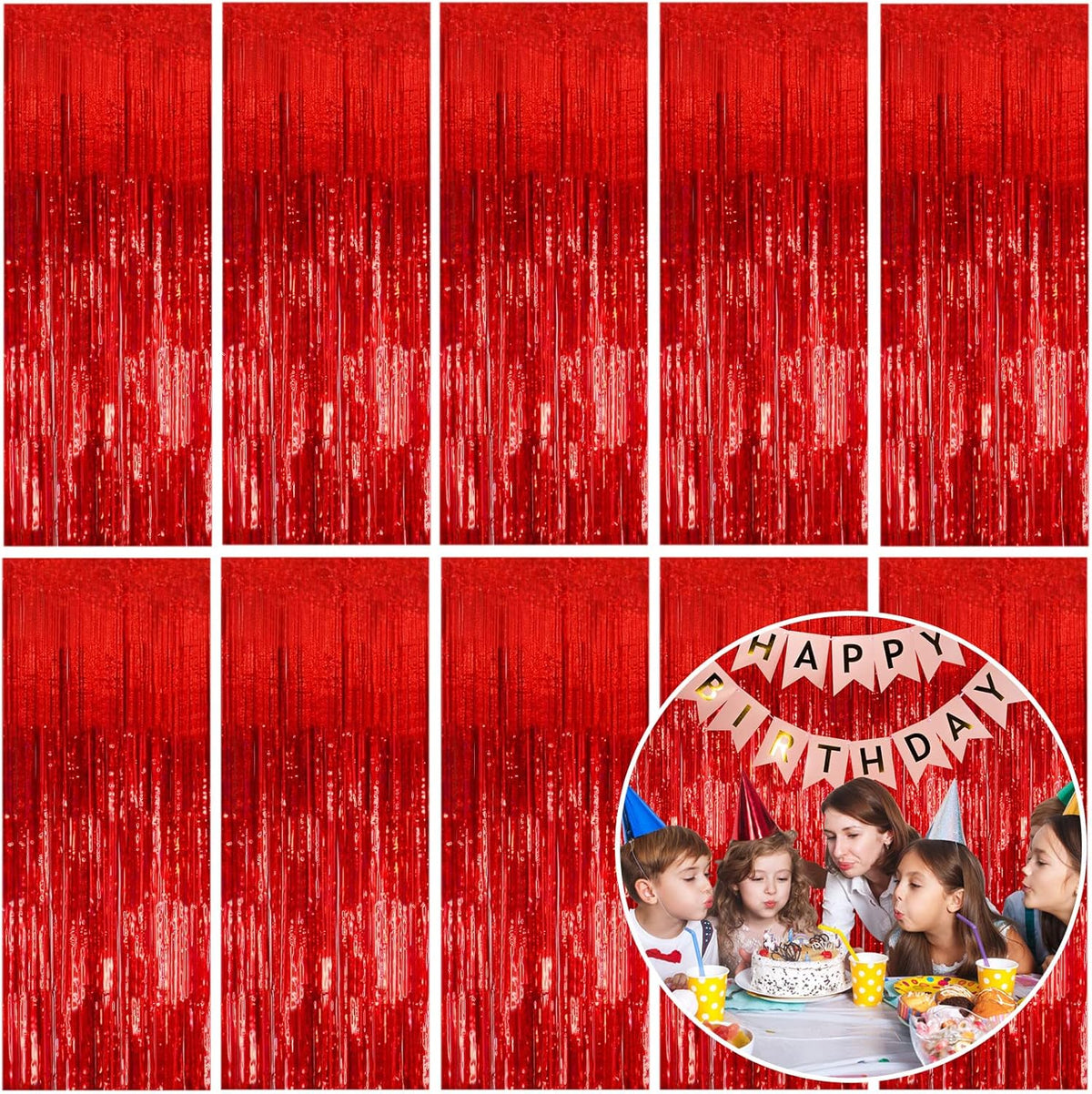 10 Pack Foil Curtain Backdrop Red Metallic Tinsel Foil Fringe Curtains Photo Booth Props for