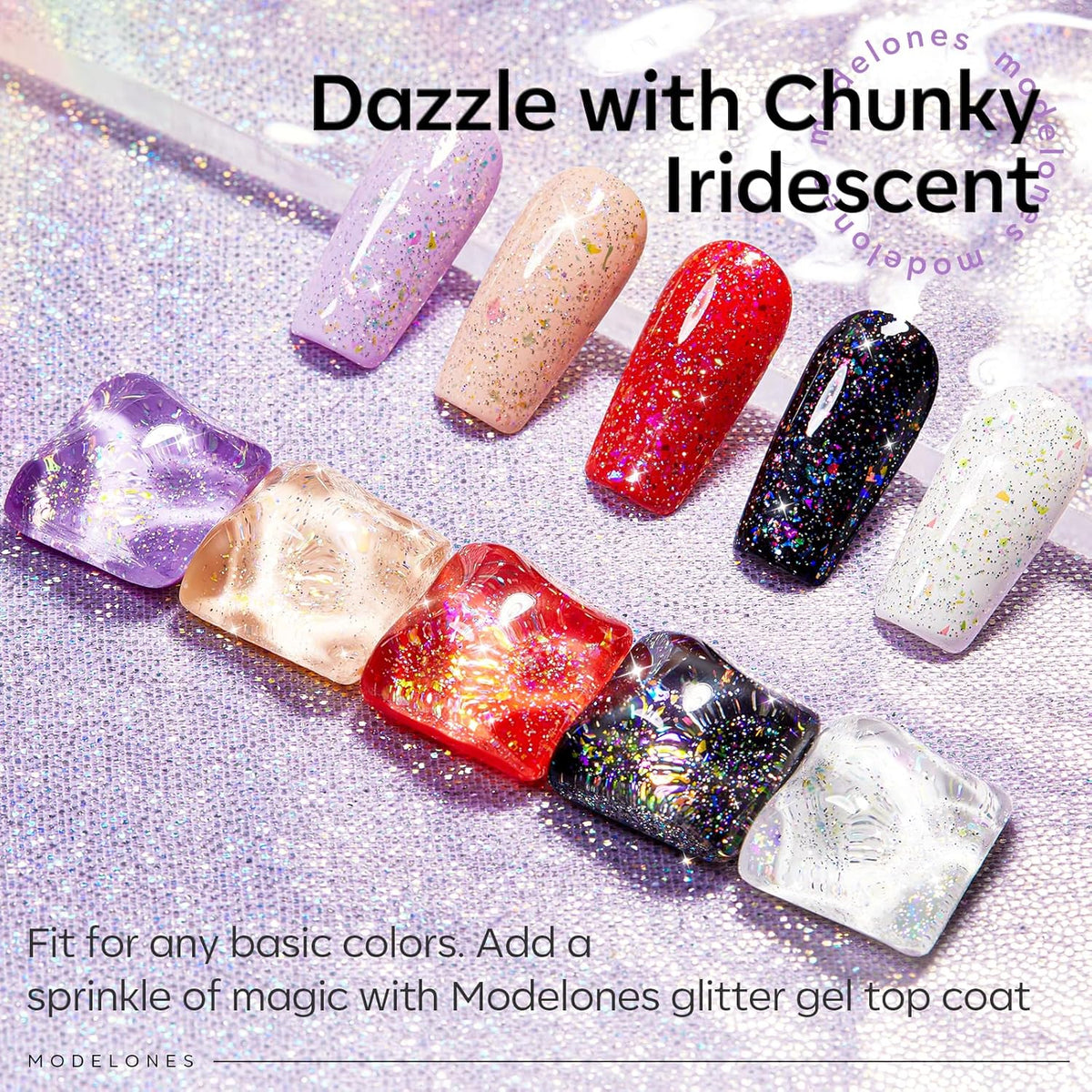 modelones Glitter Gel Nail Polish Top Coat, Rainbow Confetti Gel Top Coat with Scattered Sparkle