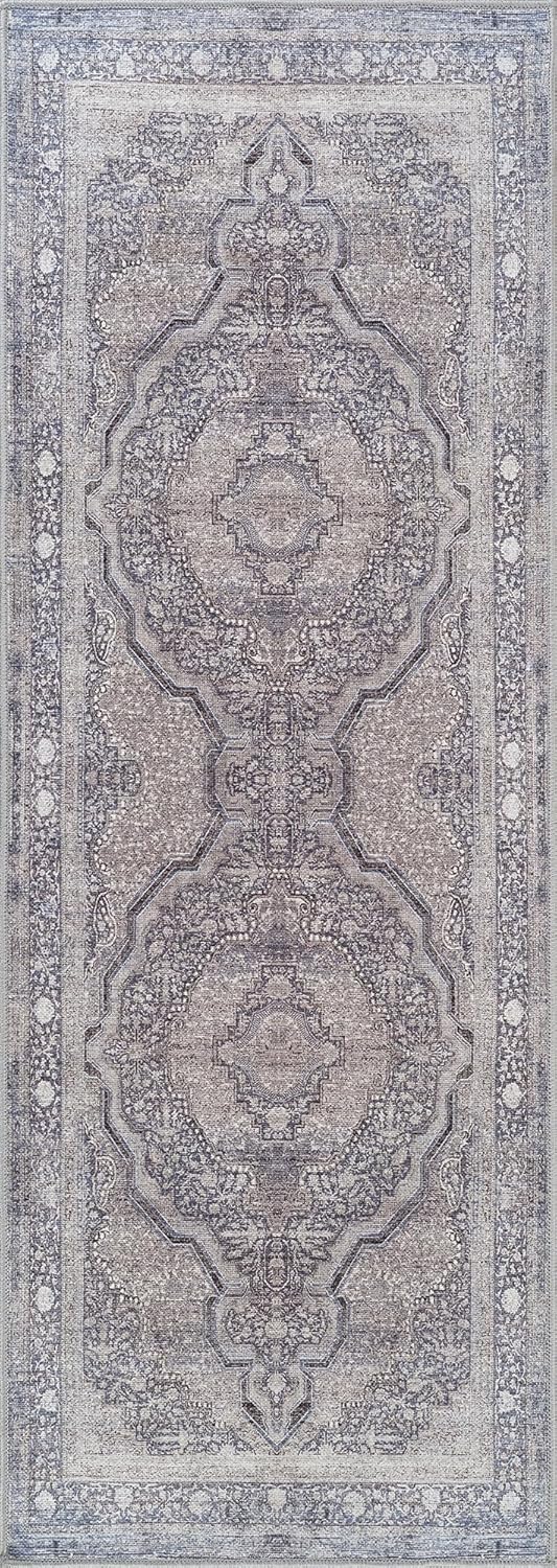 Bloom Rugs Washable Non-Slip 10 ft Runner - Blue/Steel Gray/Beige Traditional Medallion Runner for