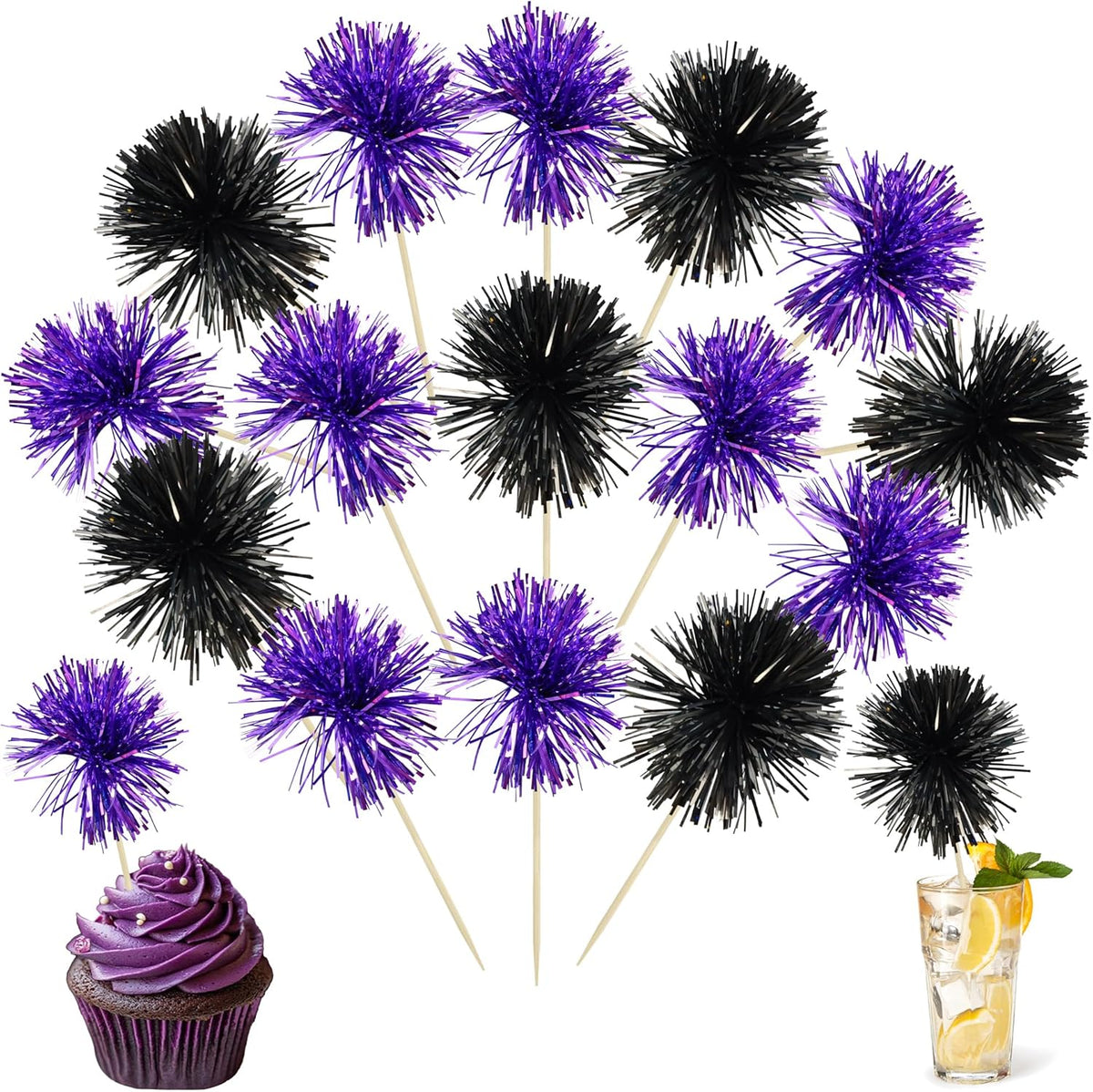 Ephlyn 30Pcs Foil Firework Cupcake Toppers Sparkle Tinsel Cupcake Picks Happy Birthday Cake