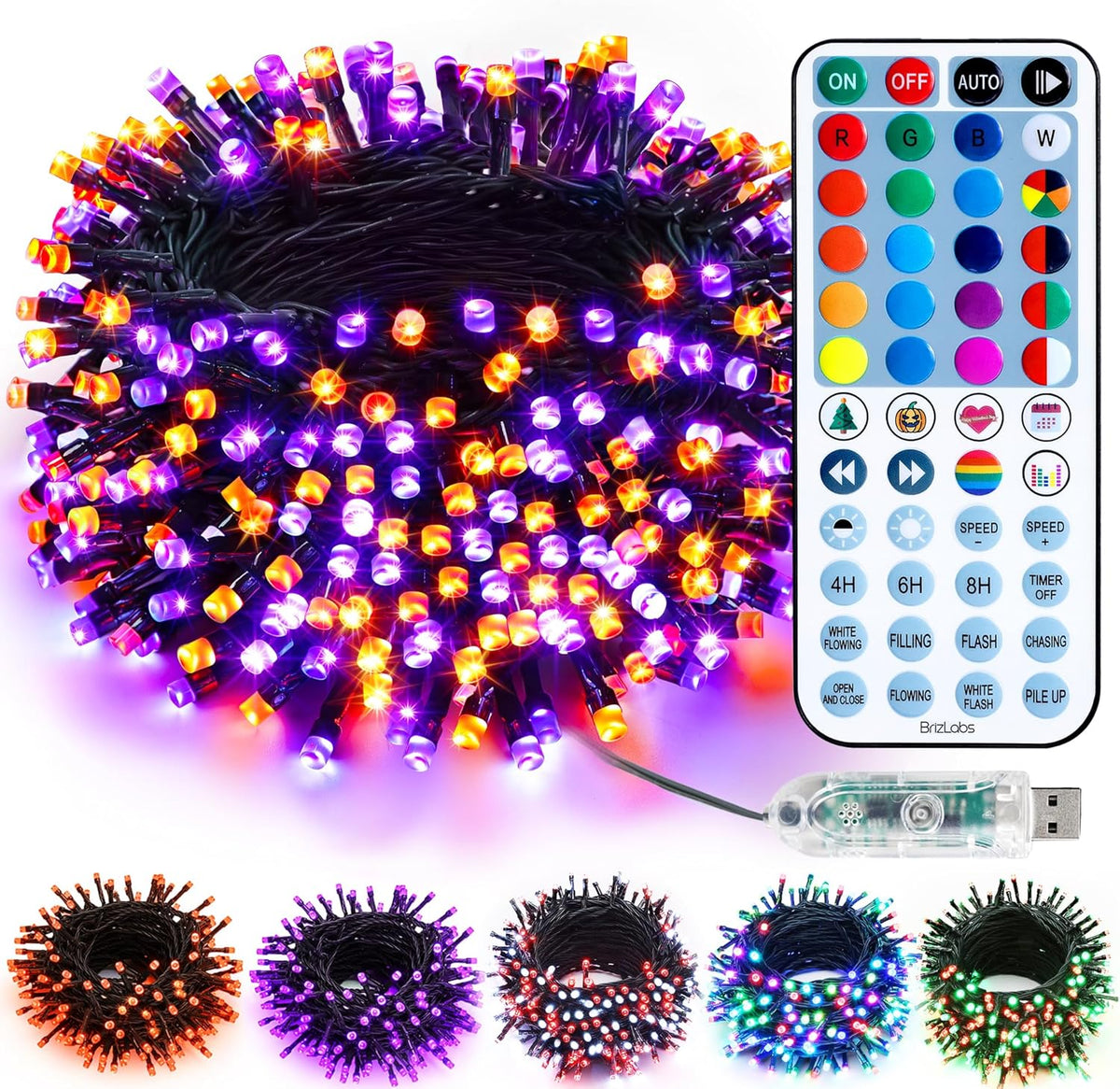 BrizLabs Halloween Lights, 33FT 100 LED RGB Color Changing String Lights with Remote, Dimmable Mini