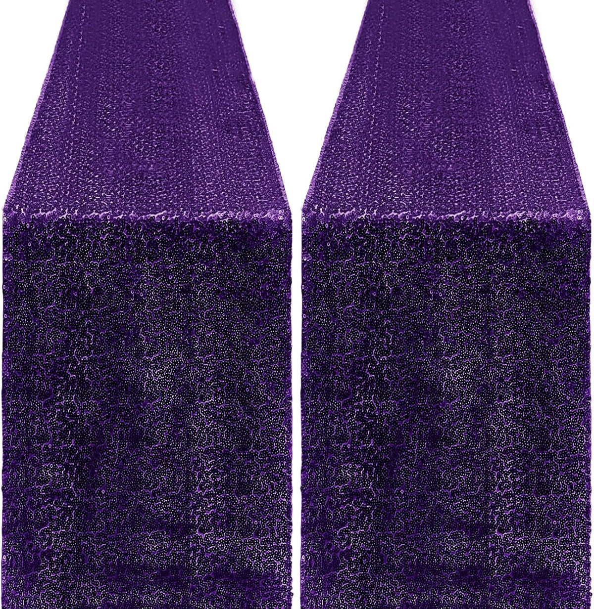 2 Packs 12 x 72 inches Sequin Table Runner, Purple Glitter Table Runner for Birthday Party Supplies