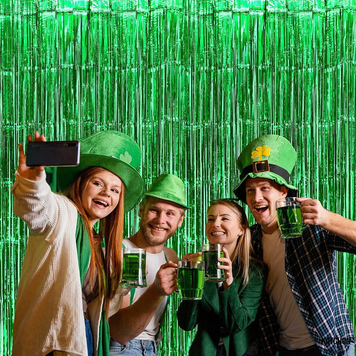 4 Pack Green Foil Fringe Curtain Backdrop, 3.28Ft x 8.2Ft Metallic Tinsel Foil Fringe Streamer