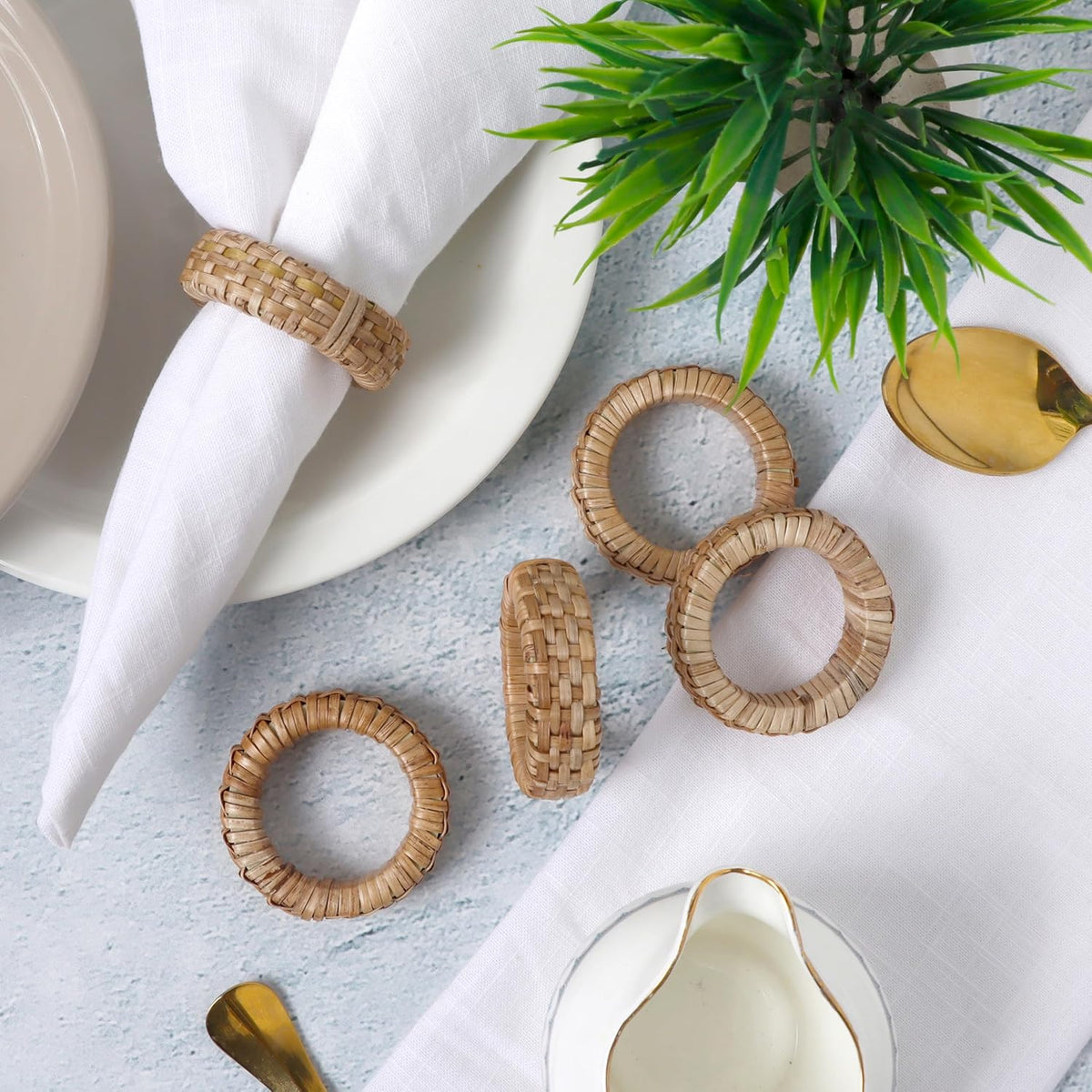 Handcrafted Napkin Ring Set of 12, Unique Cane & Plastic Design, Elegant Tableware, Premium Quality