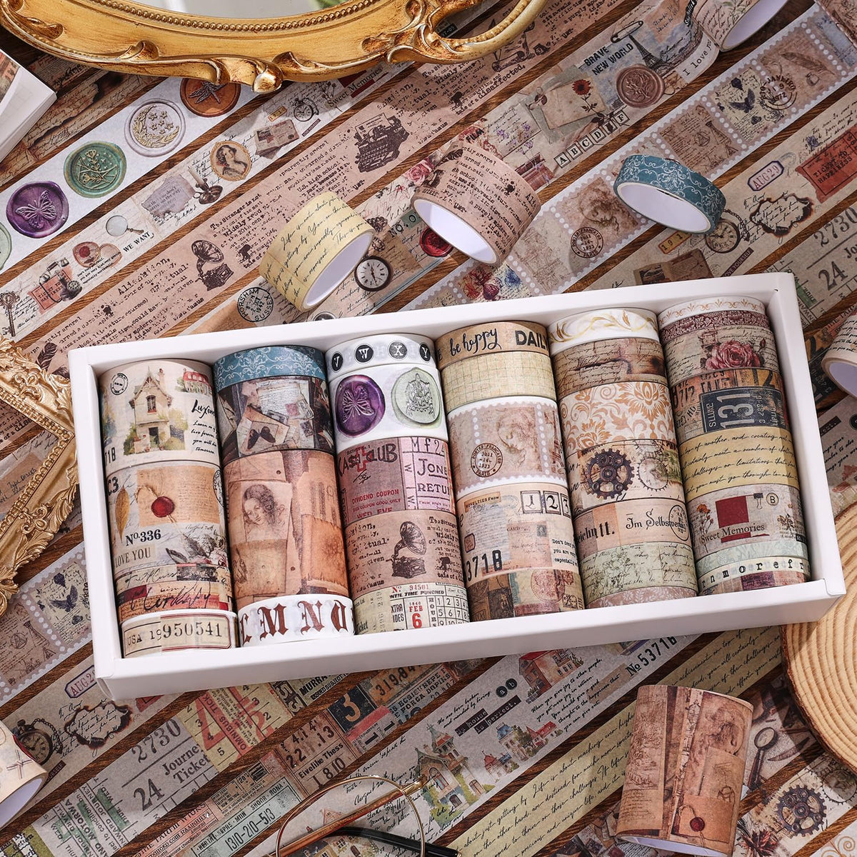 34 Rolls Vintage Washi Tape Set,Letter Map Stamp Stripe Literature Art Writable Aesthetic Washy
