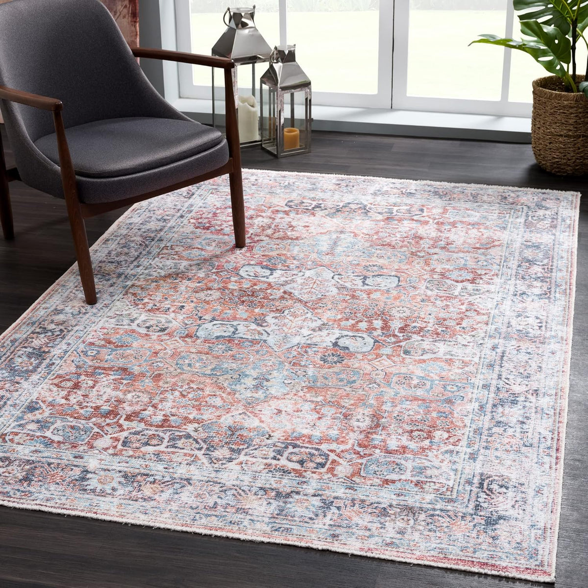 Bloom Rugs Washable Non-Slip 2x3 Rug - Brick/Dark Blue Traditional Oriental Area Rug for Living