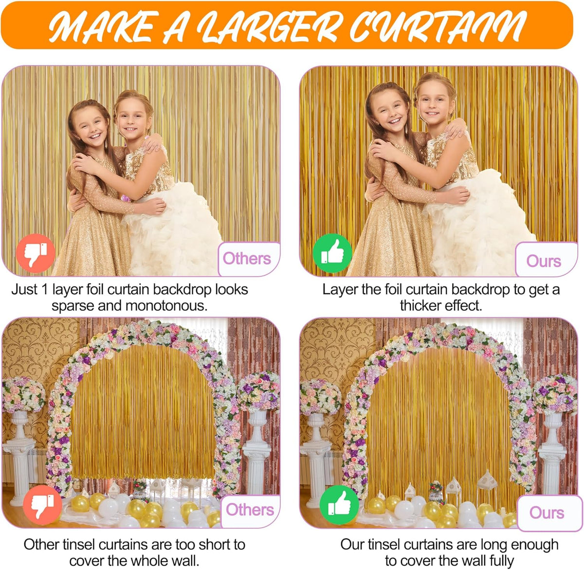 Crosize 3 Pack 3.3 x 9.9 ft Gold Foil Fringe Glitter Curtains Party Decorations, Tinsel Backdrop